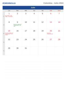 Calendario 2024 Julio