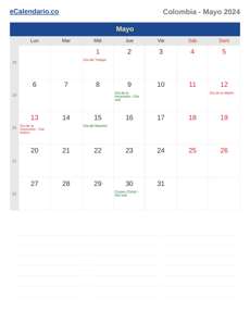 Calendario 2024 Mayo