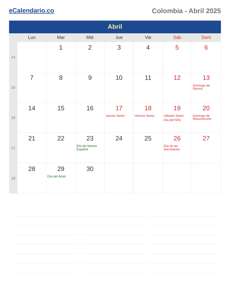 Calendario 2025 Abril