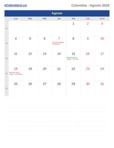 Calendario 2025 Agosto
