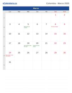 Calendario 2025 Marzo
