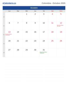Calendario 2025 Octubre