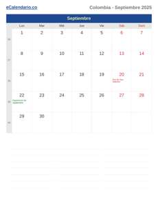Calendario 2025 Septiembre