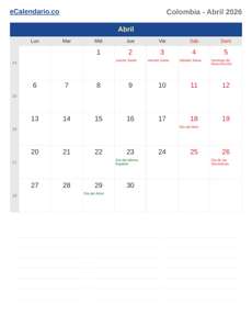 Calendario 2026 Abril