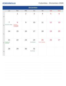 Calendario 2026 Diciembre