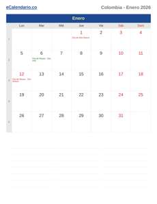 Calendario 2026 Enero