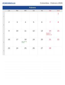 Calendario 2026 Febrero