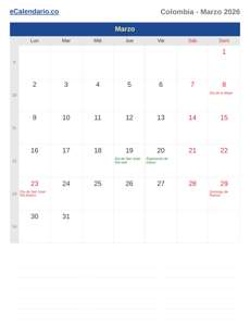 Calendario 2026 Marzo