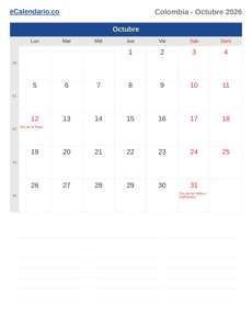Calendario 2026 Octubre