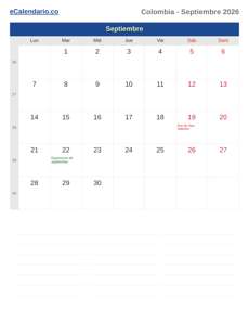 Calendario 2026 Septiembre