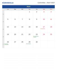 Calendario 2027 Abril