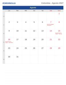 Calendario 2027 Agosto
