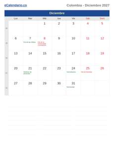 Calendario 2027 Diciembre