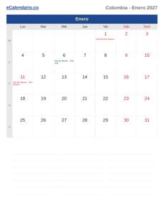 Calendario 2027 Enero