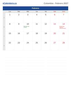 Calendario 2027 Febrero