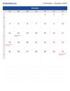 Calendario 2027 Octubre