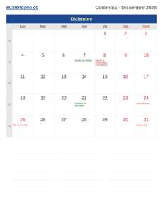 Calendario 2028 Diciembre