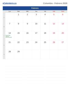 Calendario 2028 Febrero