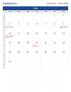 Calendario 2028 Julio