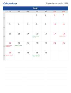 Calendario 2028 Junio