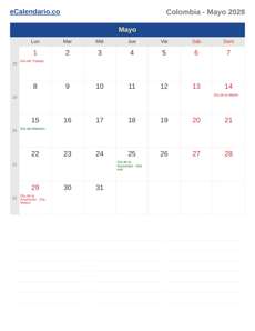 Calendario 2028 Mayo