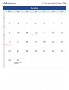 Calendario 2028 Octubre