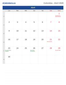 Calendario 2029 Abril