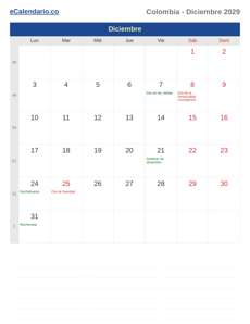 Calendario 2029 Diciembre
