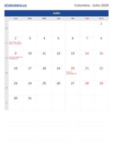 Calendario 2029 Julio