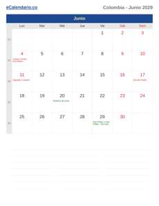 Calendario 2029 Junio