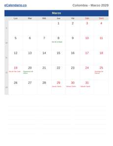 Calendario 2029 Marzo