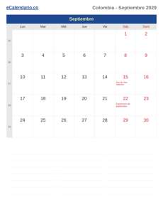 Calendario 2029 Septiembre